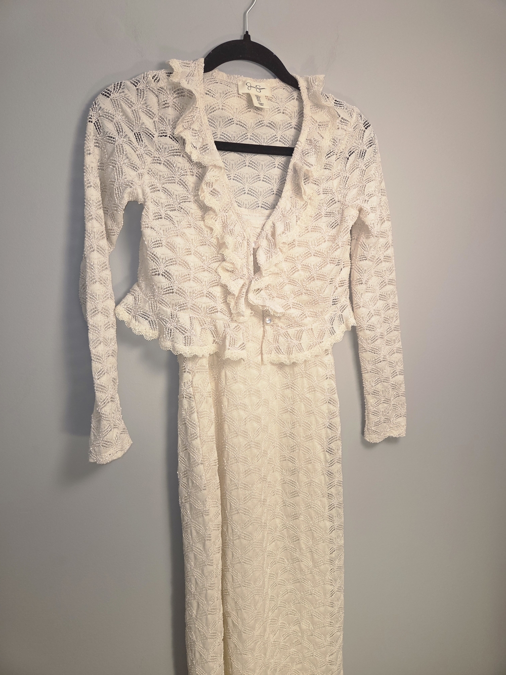 Jessica Simpson Cream Open-Knit Long Sleeve Maxi Dress with Ruffle Trim